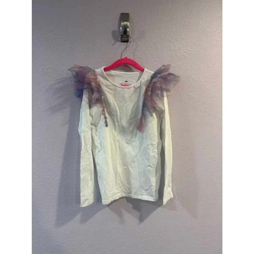 H&M White Shimmer Ruffle Top Sz 8-10